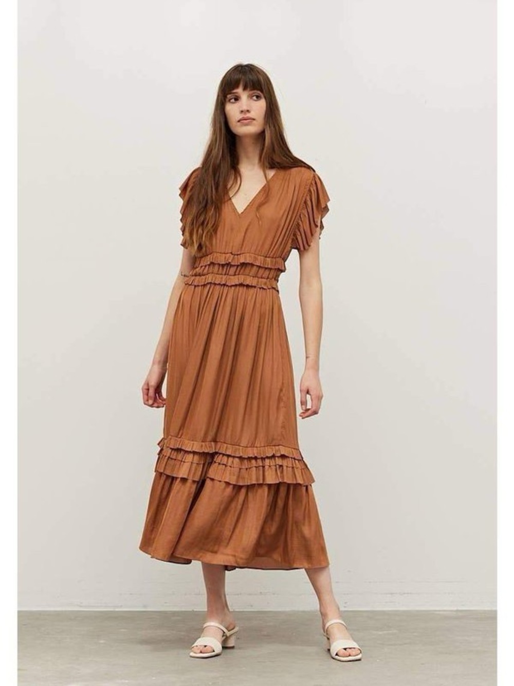 Grade & Gather Ruffled Satin V - Neck Dress-Ocre